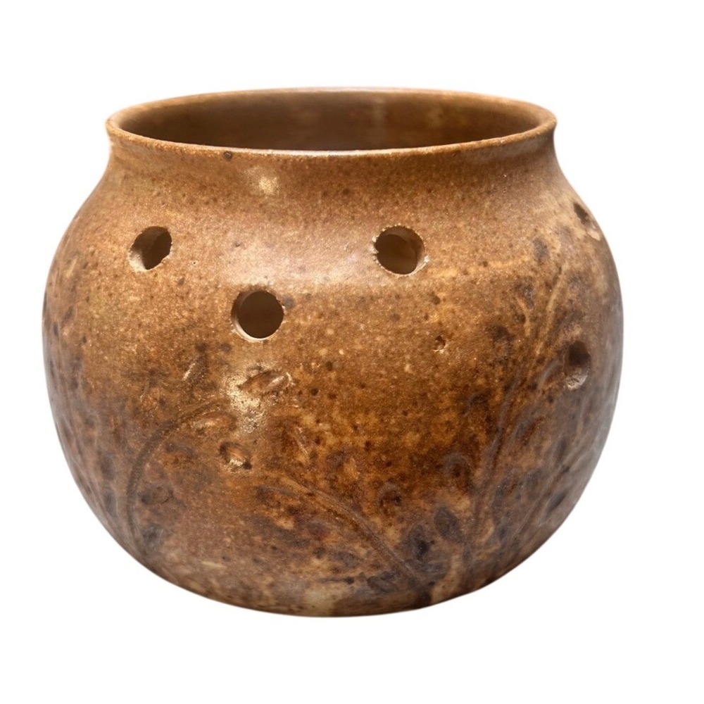 Vintage 1981 Signed Studio Pottery Luminary Votive Holder Brown Speckled Glaze